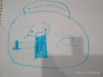 Нарисовала себя в своей комнате. "Я играю в своей комнате с пони"