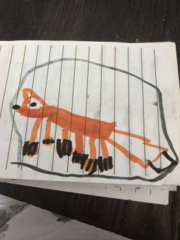 Лиса (шестиногая, две  ноги «запасные» , охотится за утенком Тимом и котенком Сернышом. На улице стемнело. Это все сюжет и обьяснения дочки.